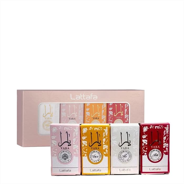 Kit Lattafa Yara Collection: 4 miniaturas de 5 ml (Yara, Yara Moi, Yara Tous e Yara Candy)