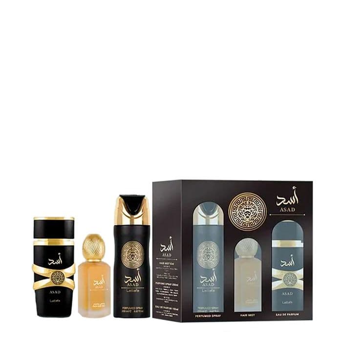 Kit Lattafa Asad: Eau de Parfum 100ml + Hair Mist 50ml + Desodorante 200ml