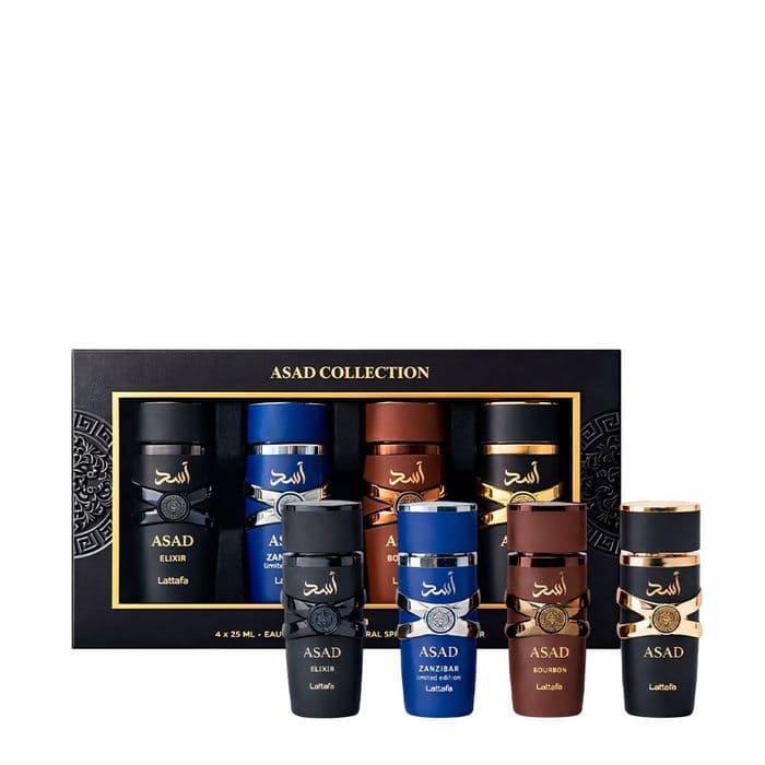 Kit Lattafa Asad Collection 4x25ml: Asad, Elixir, Bourbon e Zanzibar